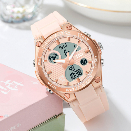 Ceas femei TIO Sport Quartz Digital Alarma Lumina fundal Afisare data Roz [1]