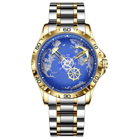 Ceasuri barbatesti - Ceas mecanic automat Glenaw Navigator Series, design premium albastru, carcasă 43mm, brățară oțel inoxidabil, rezistent la apă 3ATM, model gold & silver