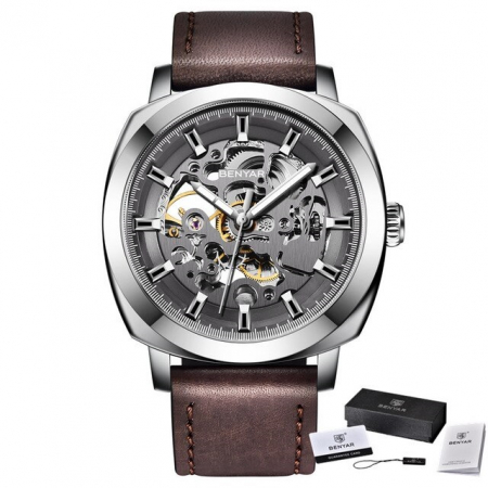 Ceas mecanic automatic Benyar Skeleton Curea din piele naturala [1]