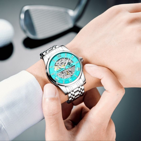 Ceas mecanic automatic Tevise Analog Self Wind Skeleton Clasic Otel Elegant Indici luminosi [2]