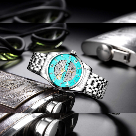 Ceas mecanic automatic TIO Analog Self Wind Skeleton Clasic Otel Elegant Indici luminosi Argintiu [2]