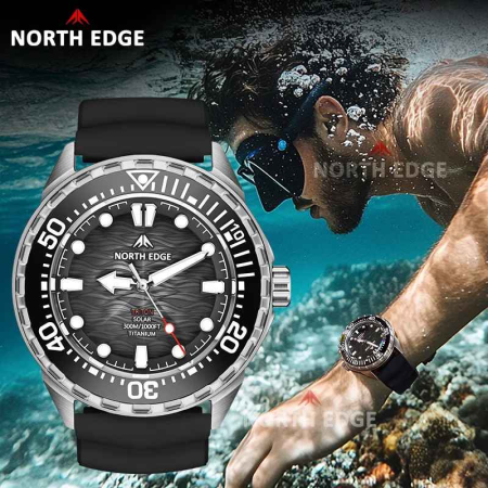 Ceas Solar NORTH EDGE TRITON-TI Negru, Titan, Curea Silicon, 300M, 45.8mm [1]