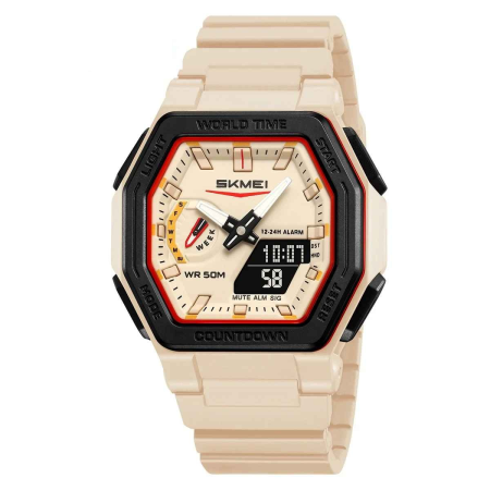 Modele noi - Ceas sport SKMEI 2438 bej (ivory), rezistent la apă 50M, multifuncțional, LED, cronometru, alarmă