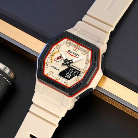 Ceas sport SKMEI 2438 bej (ivory), rezistent la apă 50M, multifuncțional, LED, cronometru, alarmă [2]