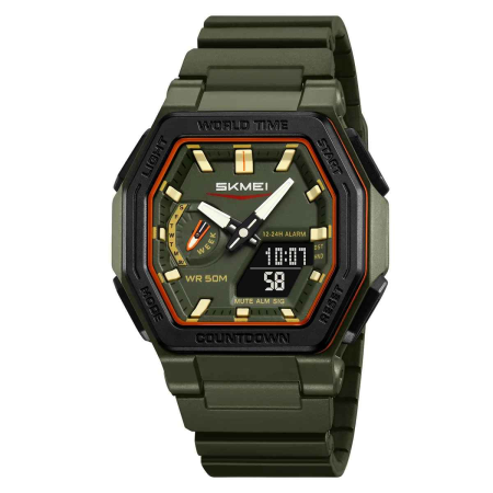 Modele noi - Ceas sport SKMEI 2438 verde militar, rezistent la apă 50M, multifuncțional cu LED, cronometru și alarmă