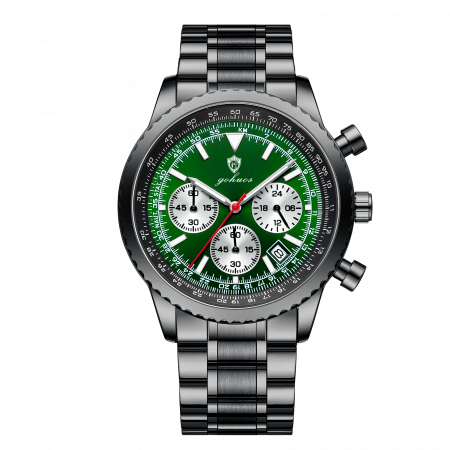 Modele noi - Gohuos, Ceas barbatesc de mana, Quartz, Cronograf, Analog, Data, Otel inoxidabil, Negru Verde