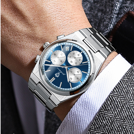 Gohuos, Ceas barbatesc de mana, Quartz, Fashion, Analog, Cronograf, Otel, Argintiu Albastru [2]