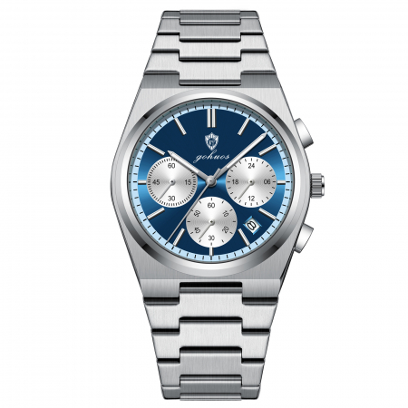 Gohuos, Ceas barbatesc de mana, Quartz, Fashion, Analog, Cronograf, Otel, Argintiu Albastru [0]
