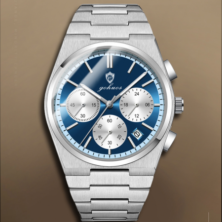 Gohuos, Ceas barbatesc de mana, Quartz, Fashion, Analog, Cronograf, Otel, Argintiu Albastru [1]