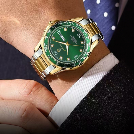 Gohuos, Ceas barbatesc de mana, Quartz, Casual, Data, Zilele saptamanii, Otel, Argintiu Verde [1]