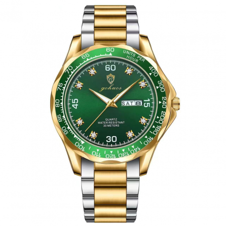 Gohuos, Ceas barbatesc de mana, Quartz, Casual, Data, Zilele saptamanii, Otel, Argintiu Verde [0]