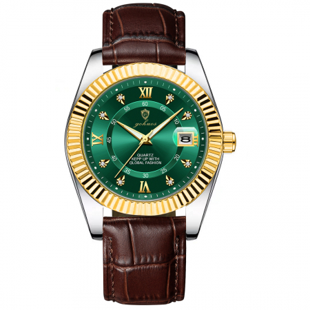 Modele noi - Gohuos, Ceas barbatesc de mana, Quartz, Casual, Analog, Clasic, Data, Maro Verde