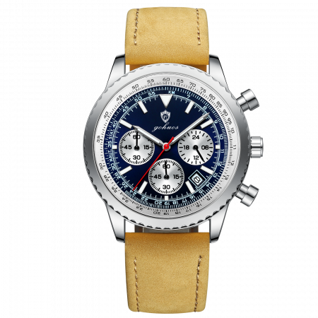 Modele noi - Gohuos, Ceas barbatesc, Quartz, Cronograf, Analog, Data, Piele naturala, Maro Albastru