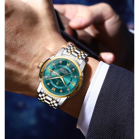 Gohuos, Ceas barbatesc, Quartz, Fashion, Afisare ora, Data, Zilele saptamanii, Otel, Argintiu Auriu Verde [2]