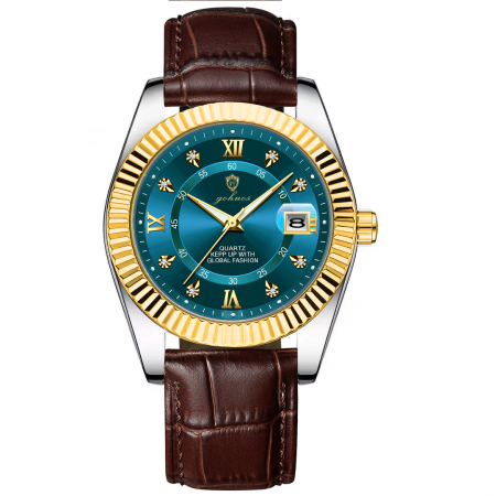 Modele noi - Gohuos, Ceas barbatesc de mana, Quartz, Casual, Analog, Data, Maro Albastru