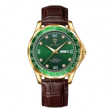 Modele noi - Gohuos, Ceas barbatesc de mana, Quartz, Casual, Zilele saptamanii, Data, Piele naturala, Maro Verde