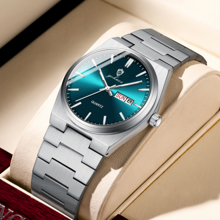 Gohuos, Ceas barbati de mana, Casual, Quartz, Data, Zilele saptamanii, Otel, Argintiu Albastru [3]