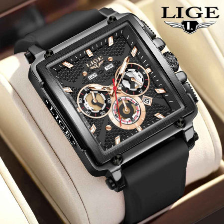 LIGE 89217 Ceas Bărbați Quartz, Square Design, Silicon Strap, Luminous, Calendar, Waterproof 3ATM, Sport & Casual [6]