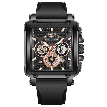 LIGE 89217 Ceas Bărbați Quartz, Square Design, Silicon Strap, Luminous, Calendar, Waterproof 3ATM, Sport & Casual [0]