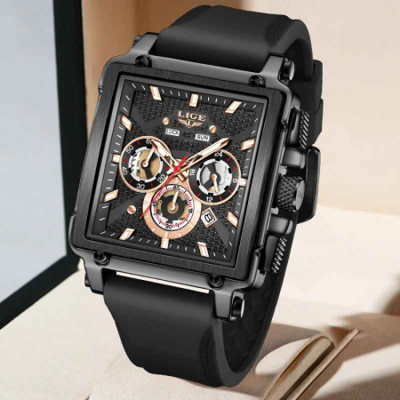 LIGE 89217 Ceas Bărbați Quartz, Square Design, Silicon Strap, Luminous, Calendar, Waterproof 3ATM, Sport & Casual [1]