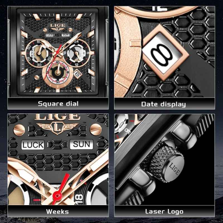 LIGE 89217 Ceas Bărbați Quartz, Square Design, Silicon Strap, Luminous, Calendar, Waterproof 3ATM, Sport & Casual [2]