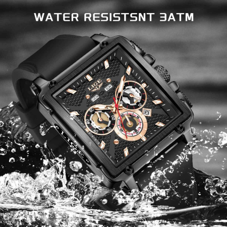 LIGE 89217 Ceas Bărbați Quartz, Square Design, Silicon Strap, Luminous, Calendar, Waterproof 3ATM, Sport & Casual [3]