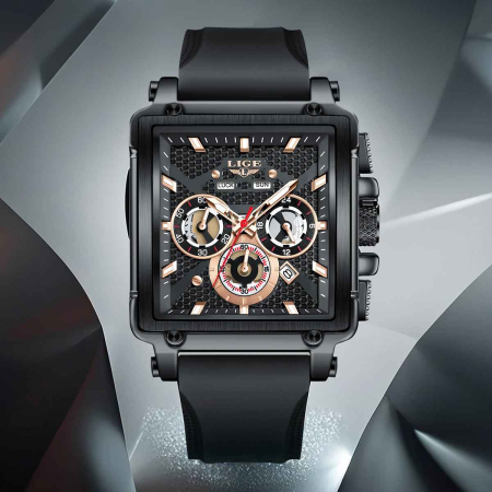 LIGE 89217 Ceas Bărbați Quartz, Square Design, Silicon Strap, Luminous, Calendar, Waterproof 3ATM, Sport & Casual [4]