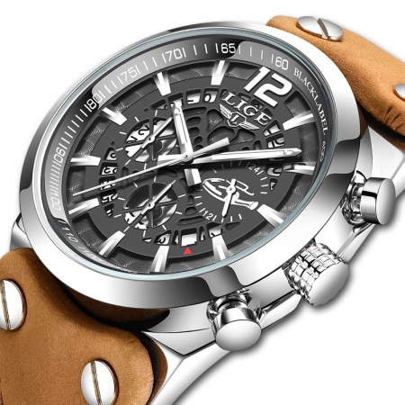 Lige Ceas barbatesc Cronograf Quartz Curea din piele naturala [1]