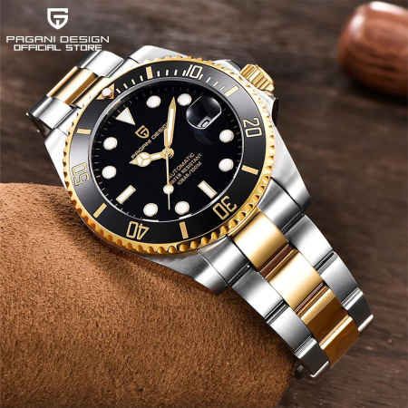 Pagani Design PD-1683 Black Dial Ceas Bărbați Quartz Miyota 2315, Brățară Bicoloră Argintiu-Auriu, Sapphire Crystal, Waterproof 100M [1]