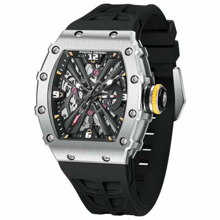 Modele noi - PAGANI DESIGN PD-1738 Ceas Bărbați Skeleton Quartz 2025  Safir, Curea Silicon, Rezistent 100m, Luxury