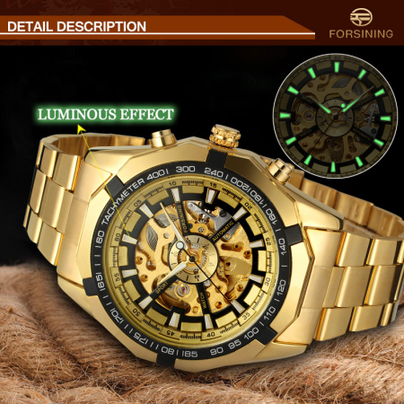 Set ceas barbatesc + ceas dama Winner Mecanic automatic Auriu Skeleton Otel inoxidabil [3]