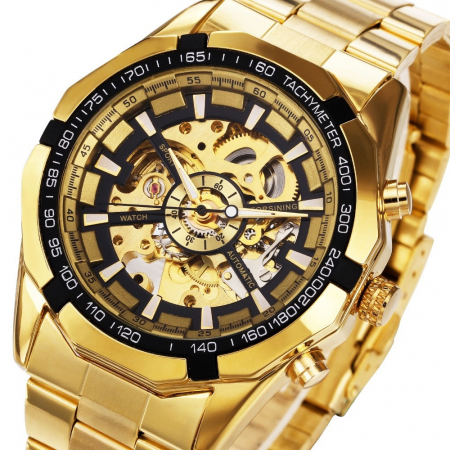 Set ceas barbatesc + ceas dama Winner Mecanic automatic Auriu Skeleton Otel inoxidabil [2]