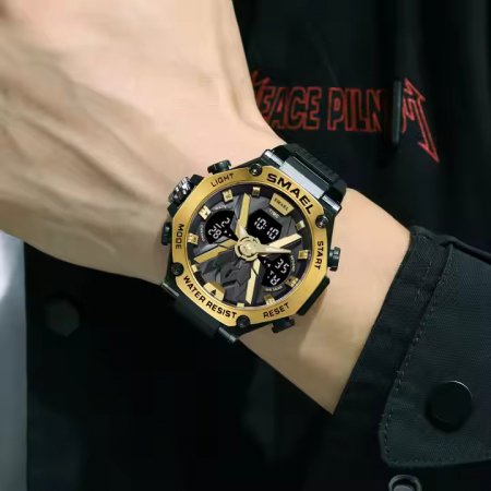 Smael Ceas barbatesc Sport Dual time Cronograf Stil Army Militar  Multifunctional Negru Auriu [2]