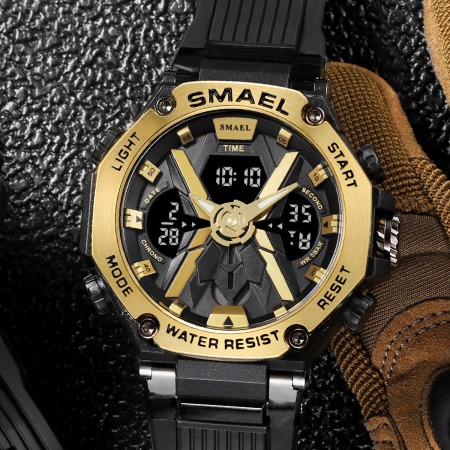 Smael Ceas barbatesc Sport Dual time Cronograf Stil Army Militar  Multifunctional Negru Auriu [1]