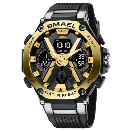 Smael Ceas barbatesc Sport Dual time Cronograf Stil Army Militar  Multifunctional Negru Auriu [0]