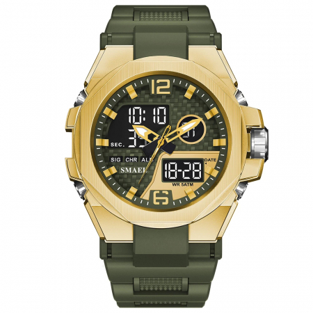 Ceasuri barbatesti - Smael Ceas barbatesc de mana Sport Dual time Led Cronograf Stil Army Militar Multifunctional Auriu Verde