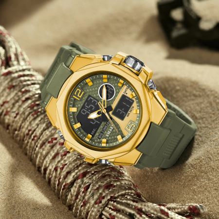 Smael Ceas barbatesc de mana Sport Dual time Led Cronograf Stil Army Militar Multifunctional Auriu Verde [3]