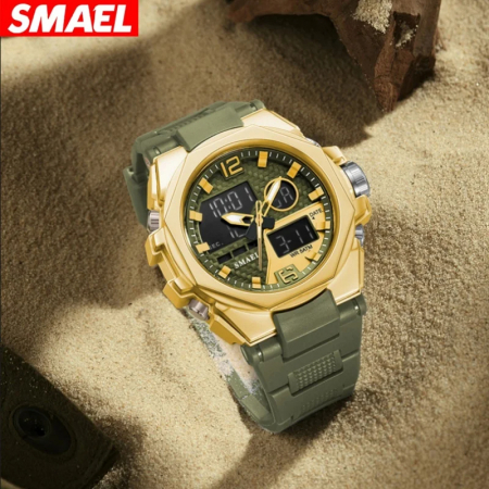 Smael Ceas barbatesc de mana Sport Dual time Led Cronograf Stil Army Militar Multifunctional Auriu Verde [6]