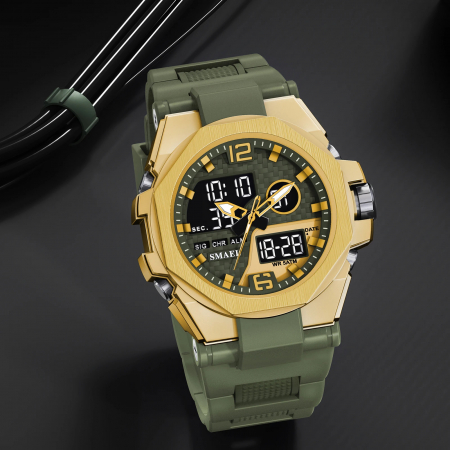 Smael Ceas barbatesc de mana Sport Dual time Led Cronograf Stil Army Militar Multifunctional Auriu Verde [1]