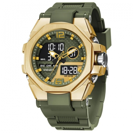 Smael Ceas barbatesc de mana Sport Dual time Led Cronograf Stil Army Militar Multifunctional Auriu Verde [5]