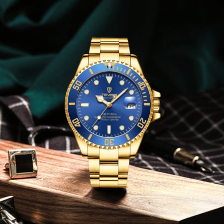 Tevise Ceas barbatesc de mana Clasic Mecanic Automatic Elegant Luxury Auriu Albastru [3]