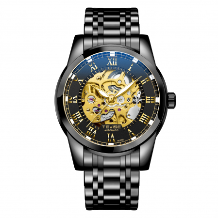 Ceasuri barbatesti - Ceas barbatesc Tevise Mecanic Automatic Business Luxury Elegant Negru Auriu