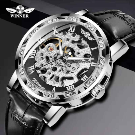 WINNER Ceas Mecanic Bărbați Skeleton Negru, Luminous, Brățară 24cm, Hardlex, 3ATM [4]