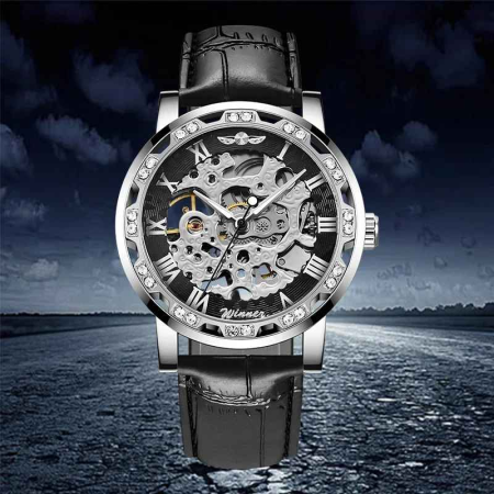 WINNER Ceas Mecanic Bărbați Skeleton Negru, Luminous, Brățară 24cm, Hardlex, 3ATM [5]