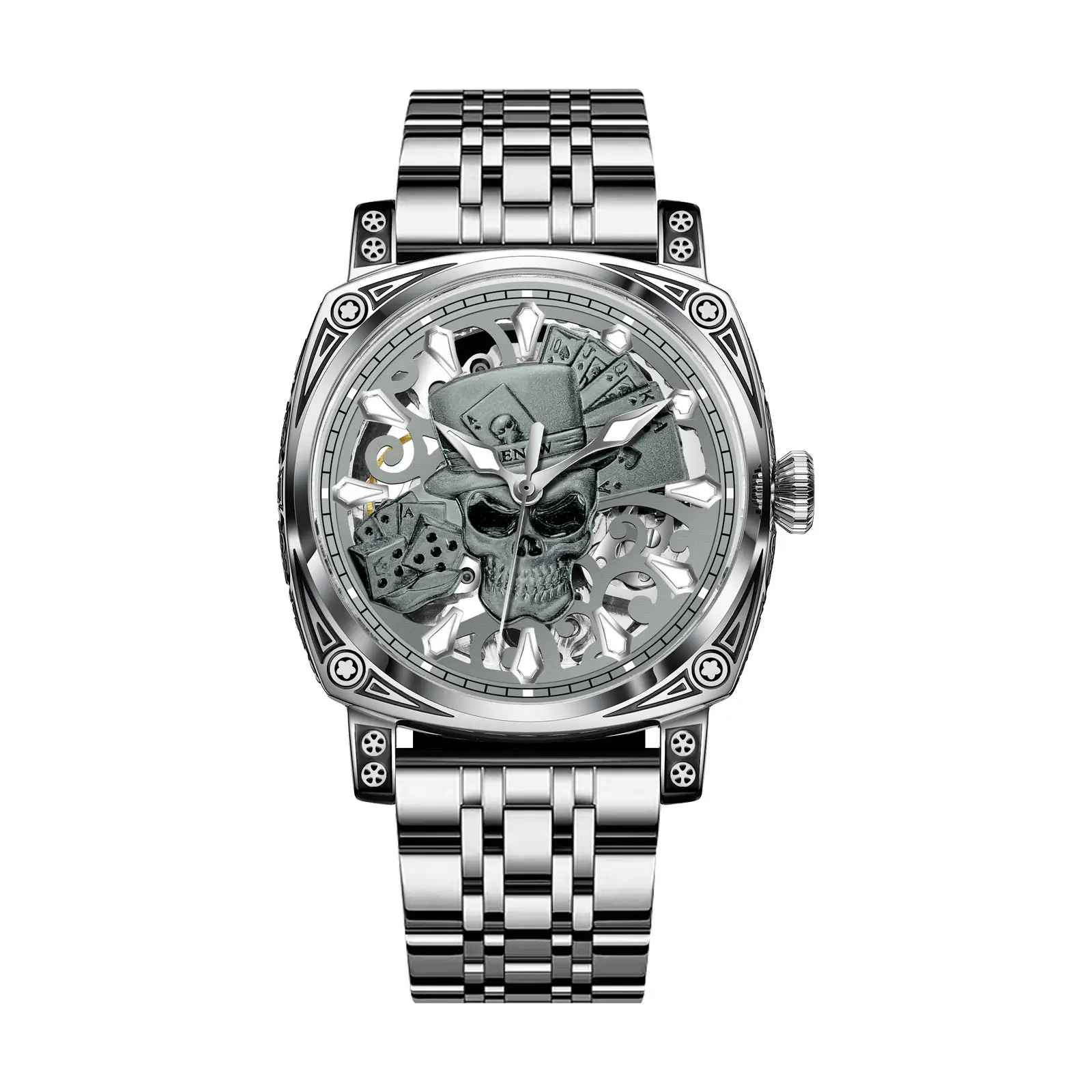 Ceas automat GLENAW Skull Series pentru barbati, design schelet craniu, luxury fashion, bratara otel sau curea piele, rezistent la apa 3ATM