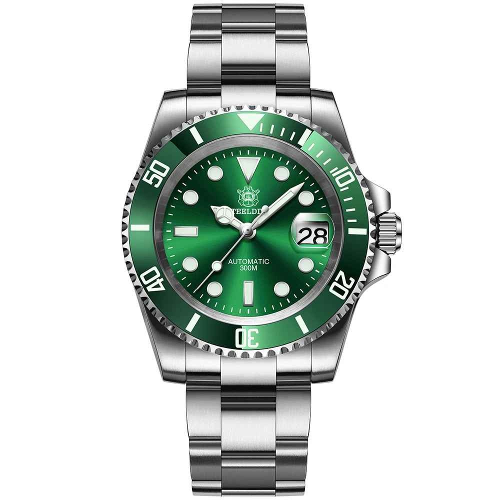 Ceas automatic de scufundari STEELDIVE SD1953, 41 mm, bratara argintie, carcasa si cadran verde, NH35, cristal safir, 30 ATM