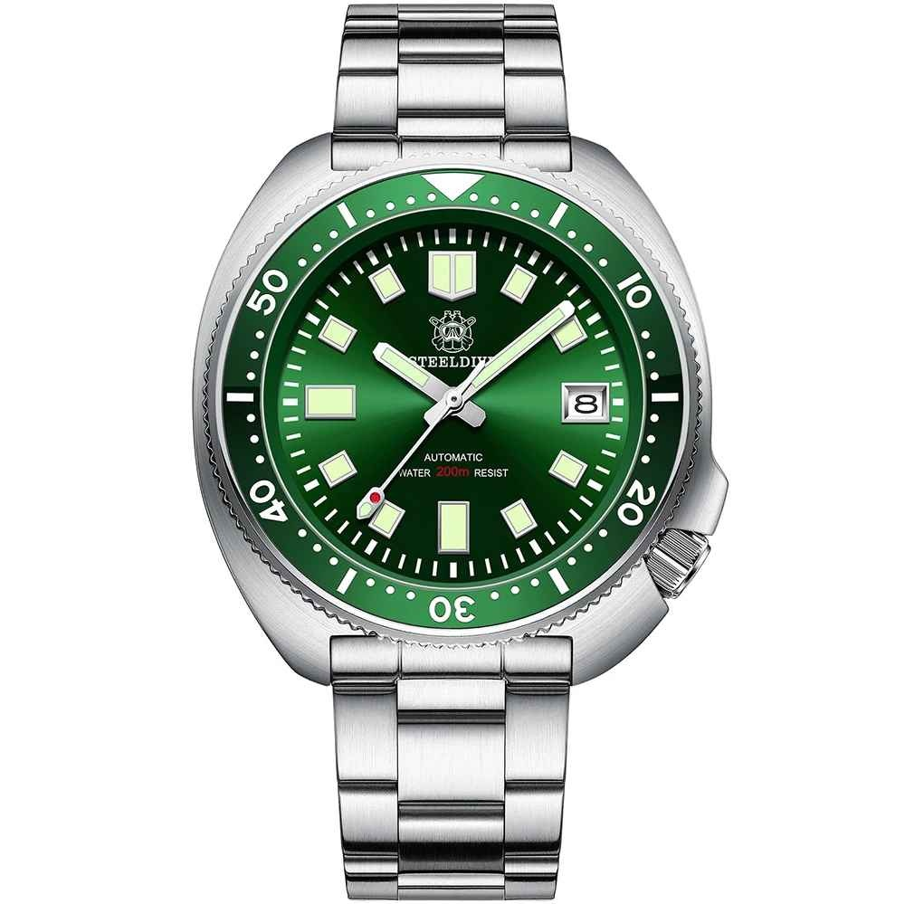 Ceas automatic de scufundari STEELDIVE SD1970, 44 mm, NH35, cristal safir, bezel ceramic verde, 20 ATM, stil Turtle 6105