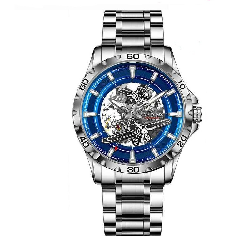Ceas Automatic Skeleton Barbati, Glenaw, Design Luxury din Otel Inoxidabil, 43mm, Rezistent la Apa 3ATM, Curea Metalica