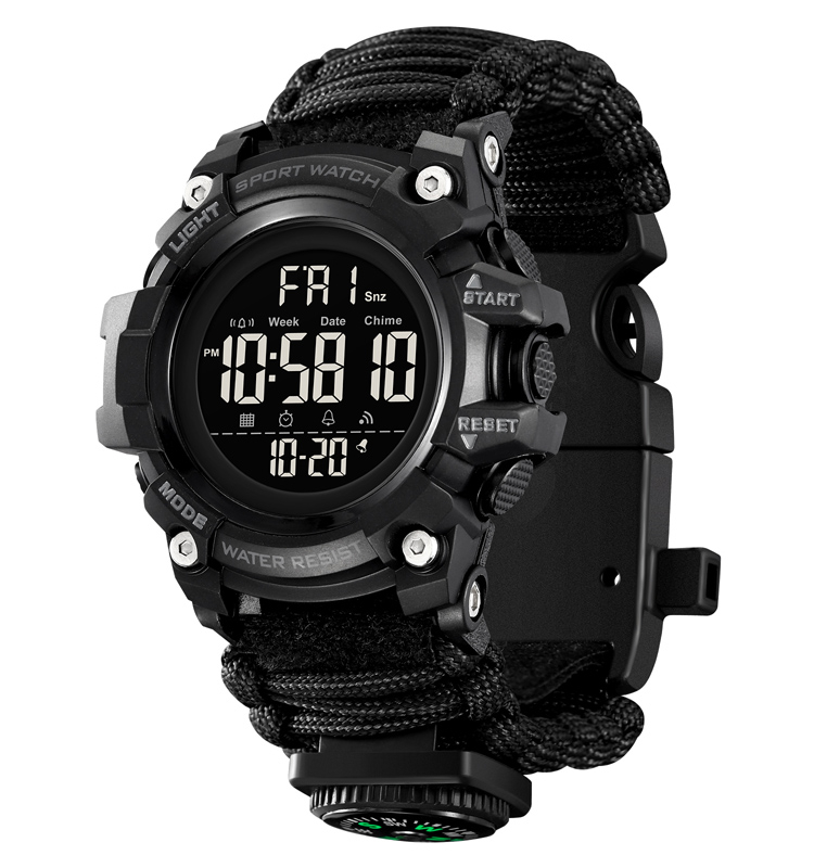 Ceas barbatesc de mana Tio   Supravietuire, Busola, Sport, Stil Militar, Army, Casual, Digital, Cremene foc, Paracord, Fluier Negru