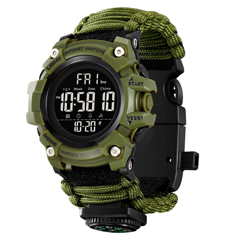 Ceas barbatesc de mana Tio   Supravietuire, Busola, Sport, Stil Militar, Army, Casual, Digital, Cremene foc, Paracord, Fluier Verde